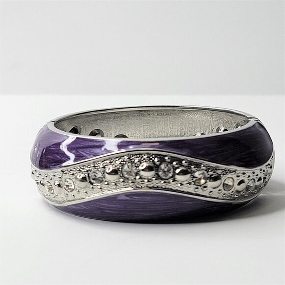 PURPLE Enamel Wide Hinged Cuff Bangle Crystal Rhinestone Bracelet - Picture 6 of 9